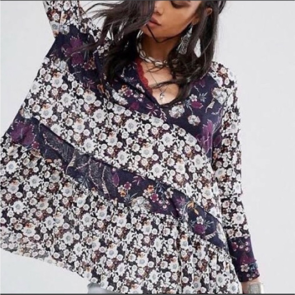 Free People Isabelle Floral Tunic Top Long Sleeve Size Small